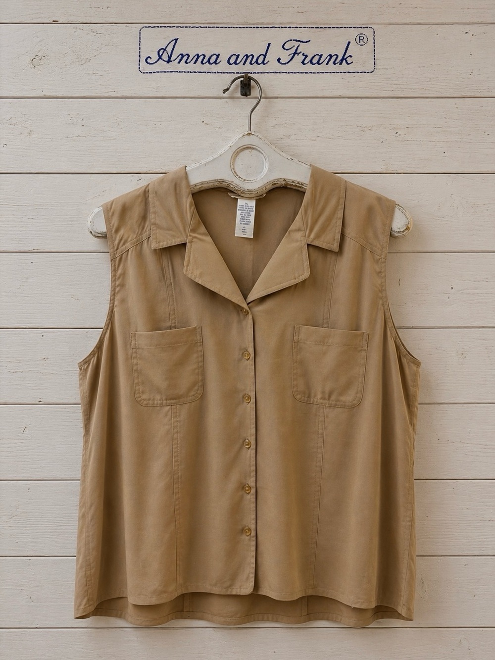 ANNA AND FRANK Beige 100% Silk Sleeveless Button-Up Blouse XL